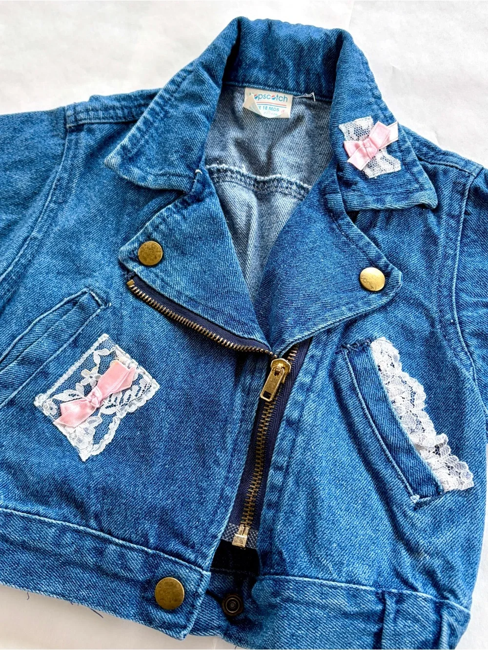 Vintage Girls Hopscotch Denim Jacket with Lace and Pink Ribbon 18 months
